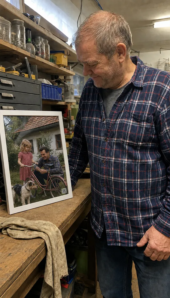 Muž si prohlíží zarámovanou fotografii v dílně