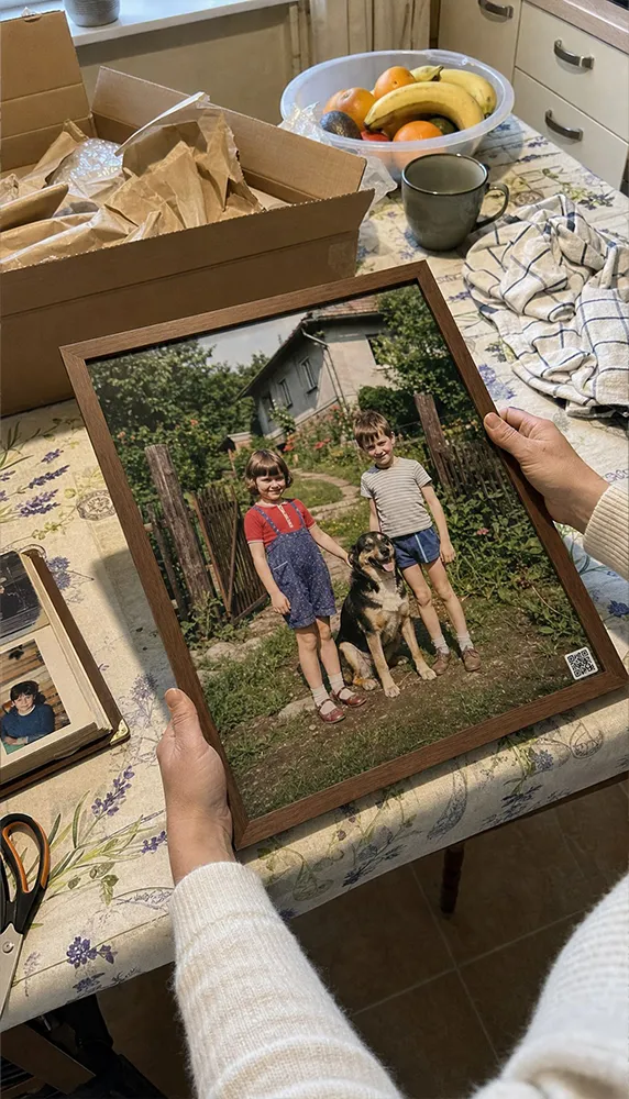 Ruce drží zarámovanou fotografii dětí se psem na zahradě
