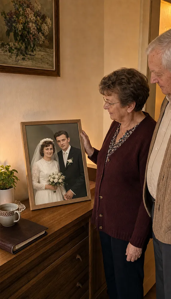 Pár si prohlíží svatební fotografii v zarámování