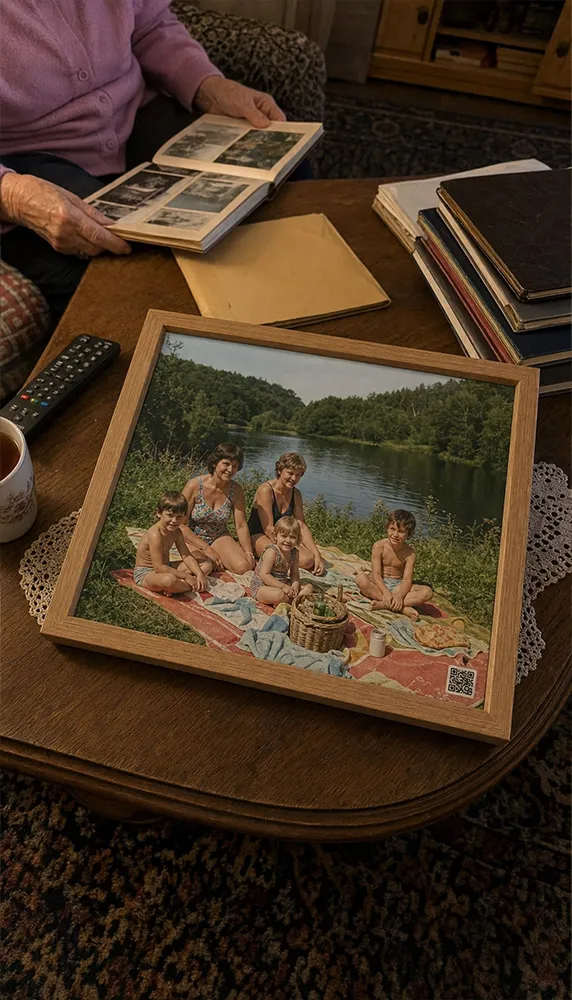 Zarámovaná letní fotografie rodiny u jezera na stole