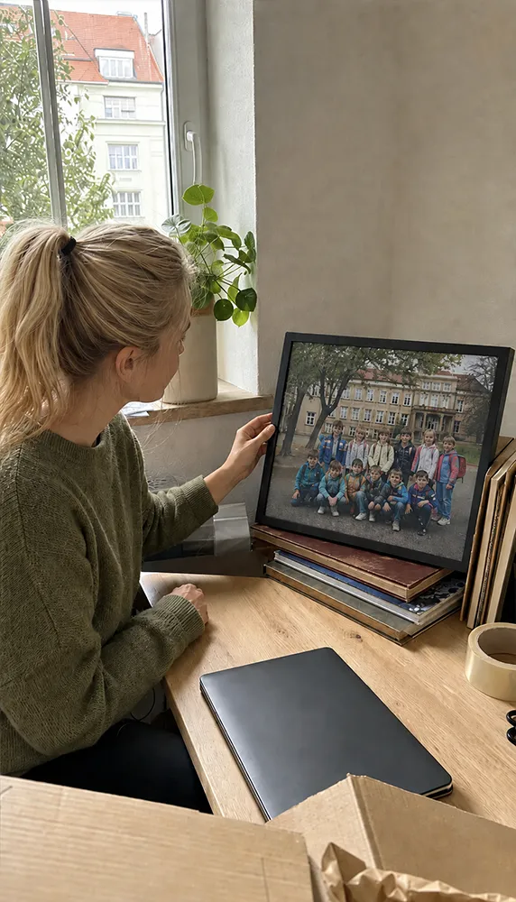 Žena si prohlíží zarámovanou školní fotografii